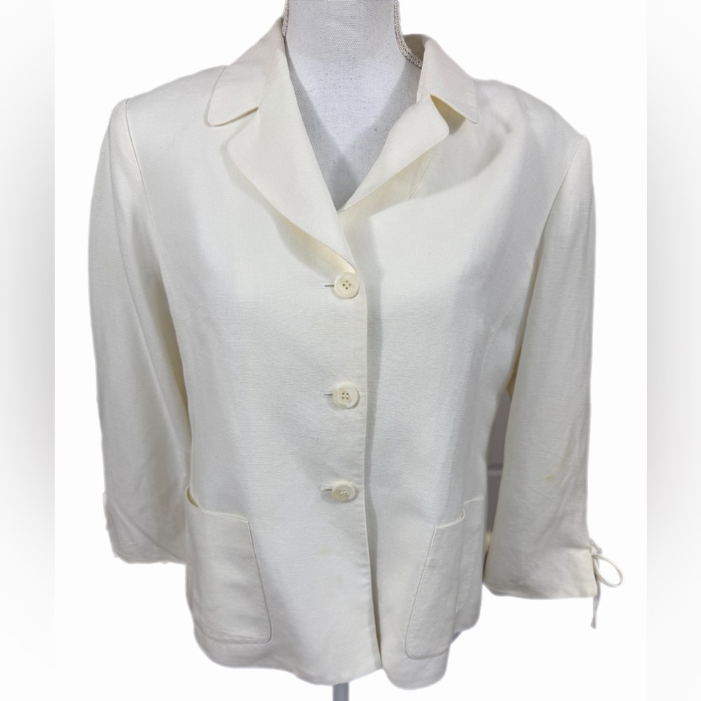 Kasper Petite Soft Ivory Blazer Size 12P 3/4 Sleeve With Ties Lined